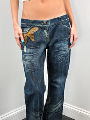 Just Cavalli 2000s Distressed Dark Wash Flare Jeans with Leather Butterfly Patch - W30