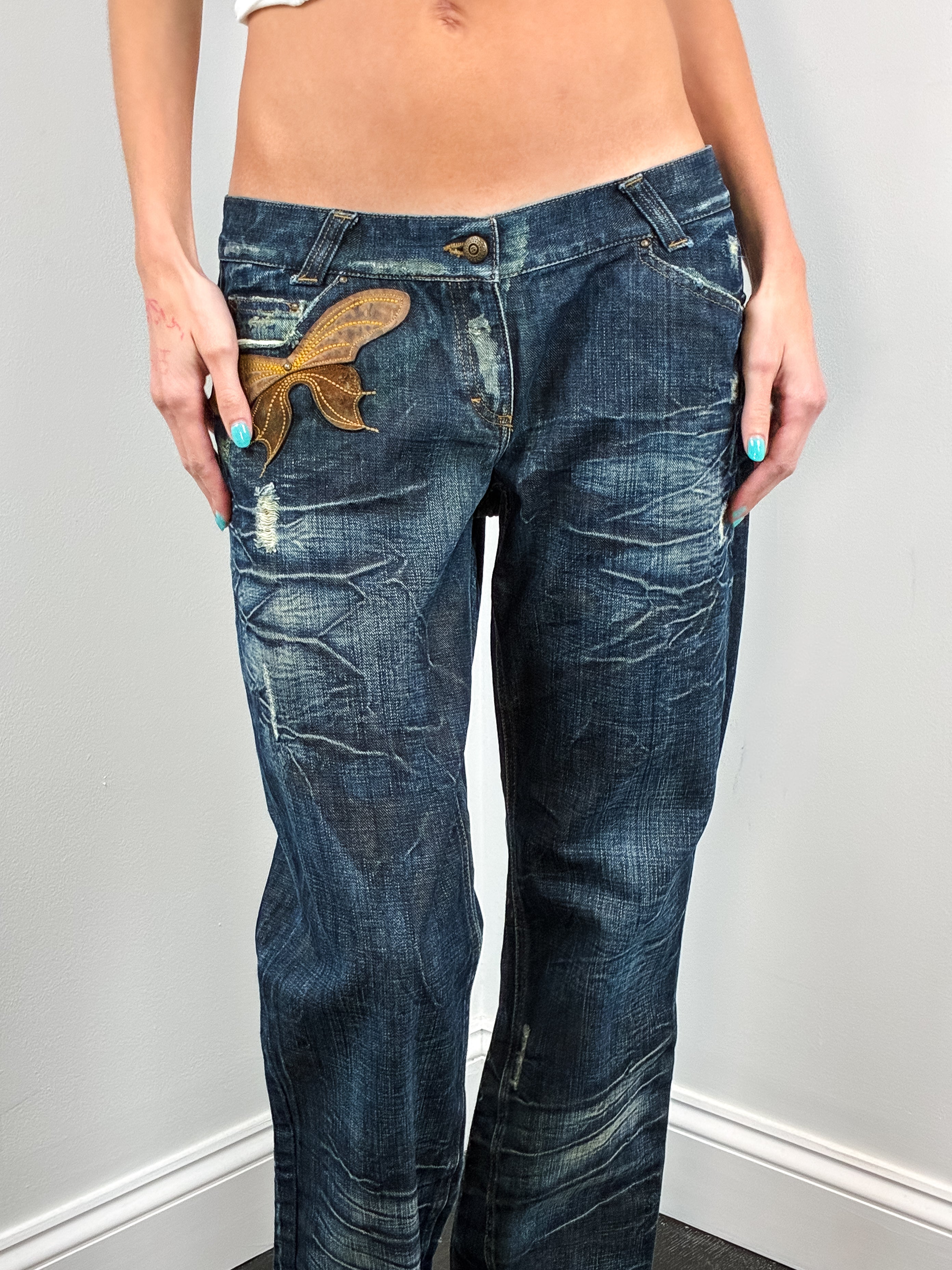 Just Cavalli 2000s Distressed Dark Wash Flare Jeans with Leather Butterfly Patch - W30