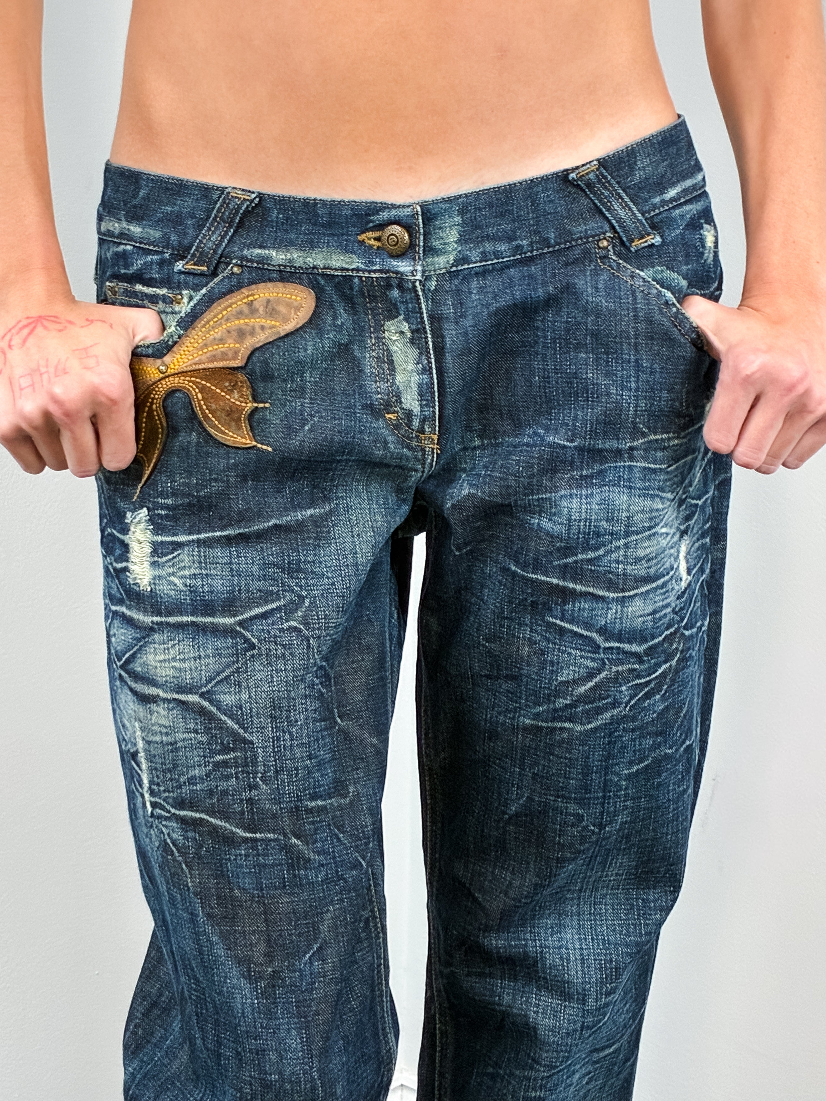 Just Cavalli 2000s Distressed Dark Wash Flare Jeans with Leather Butterfly Patch - W30