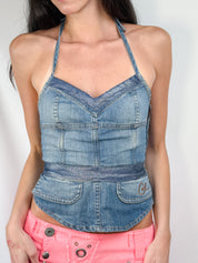 Christian Lacroix Jeans 2000s Denim Halter Peplum Top - XS/S