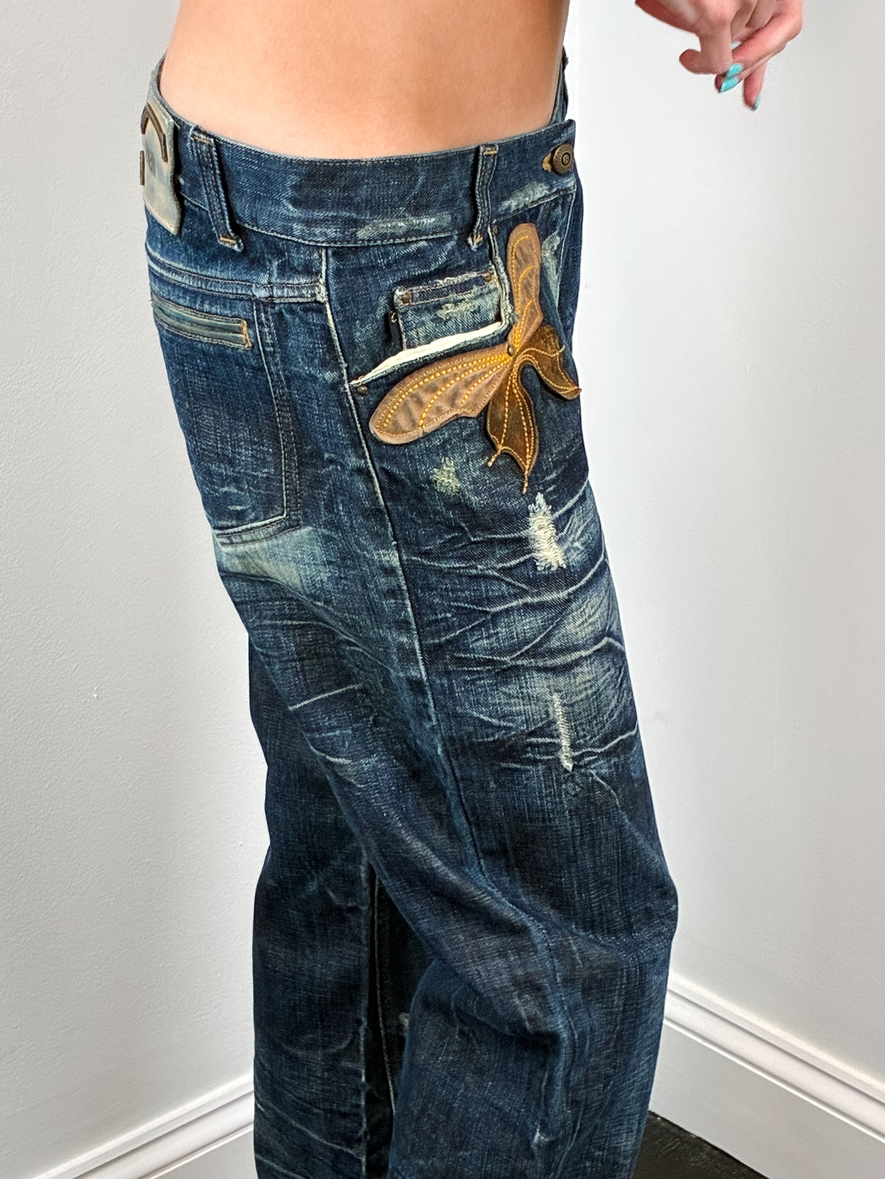 Just Cavalli 2000s Distressed Dark Wash Flare Jeans with Leather Butterfly Patch - W30