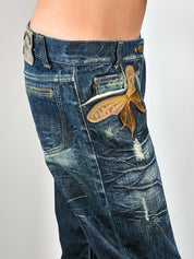 Just Cavalli 2000s Distressed Dark Wash Flare Jeans with Leather Butterfly Patch - W30