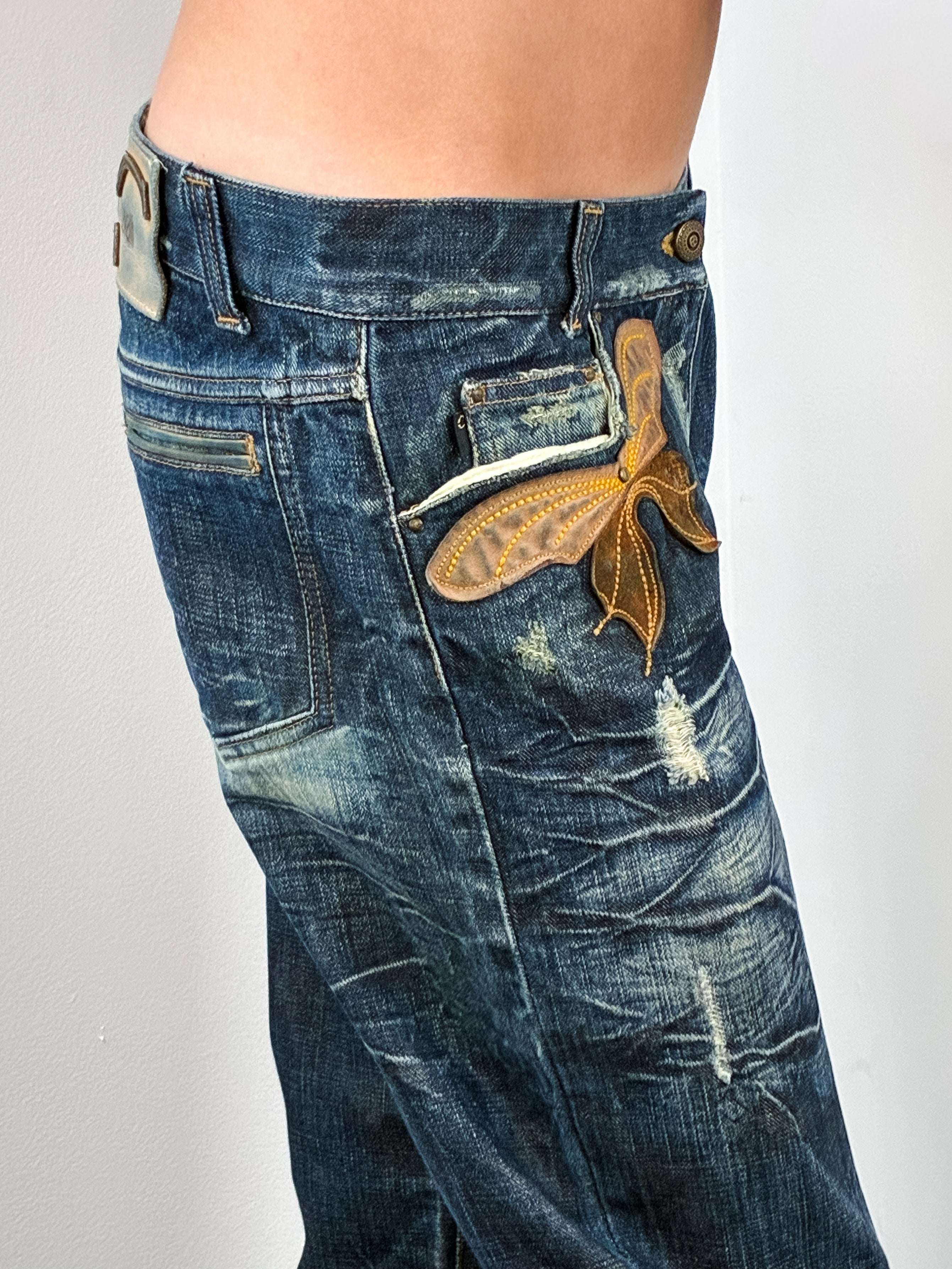 Just Cavalli 2000s Distressed Dark Wash Flare Jeans with Leather Butterfly Patch - W30