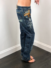 Just Cavalli 2000s Distressed Dark Wash Flare Jeans with Leather Butterfly Patch - W30