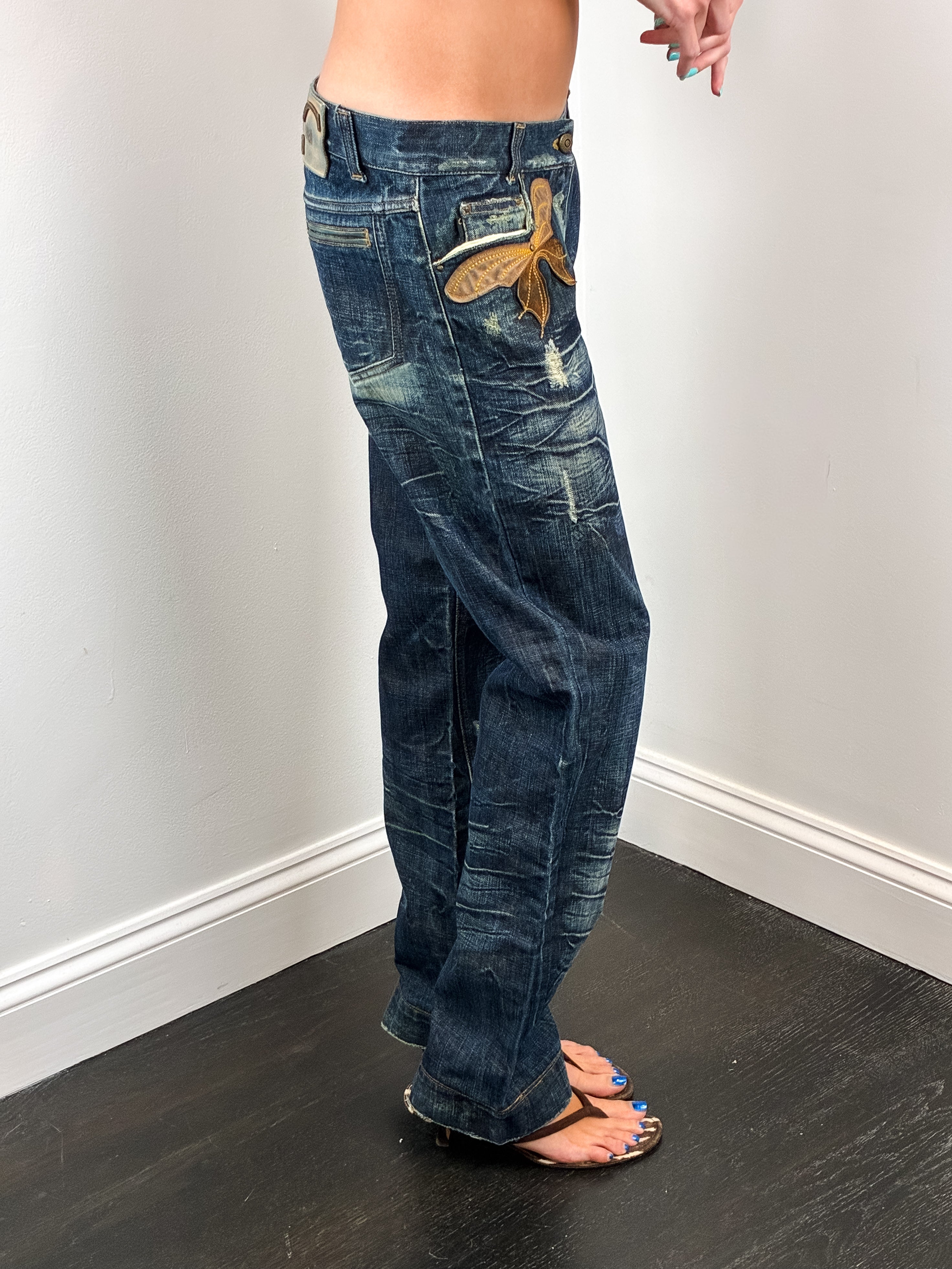 Just Cavalli 2000s Distressed Dark Wash Flare Jeans with Leather Butterfly Patch - W30