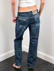 Just Cavalli 2000s Distressed Dark Wash Flare Jeans with Leather Butterfly Patch - W30