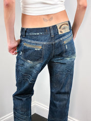 Just Cavalli 2000s Distressed Dark Wash Flare Jeans with Leather Butterfly Patch - W30