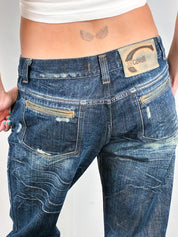 Just Cavalli 2000s Distressed Dark Wash Flare Jeans with Leather Butterfly Patch - W30
