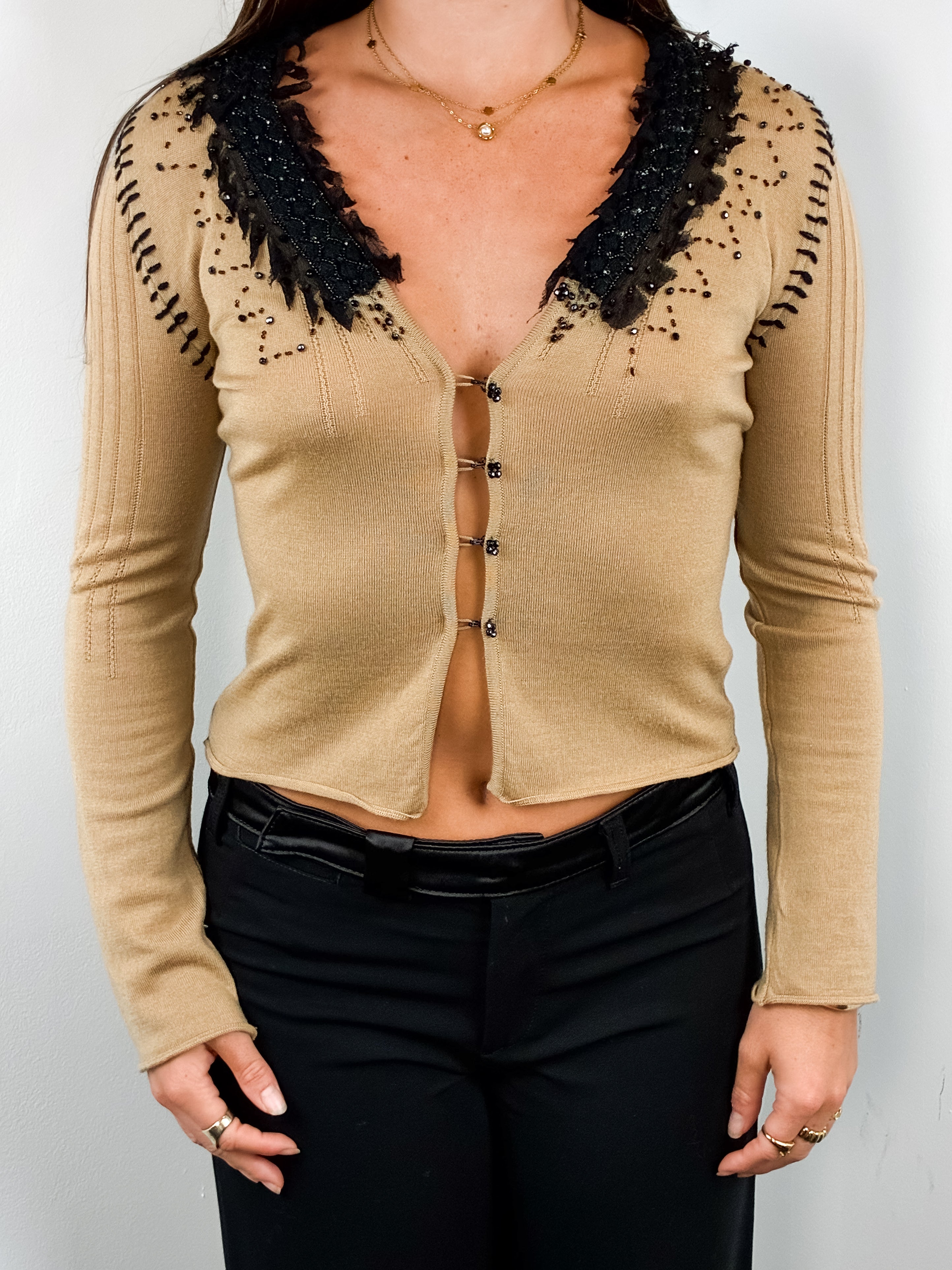 Class Roberto Cavalli 2000s Tan Wool Black Lace Collar Cardigan - XS/S