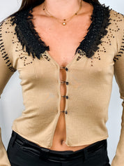 Class Roberto Cavalli 2000s Tan Wool Black Lace Collar Cardigan - XS/S