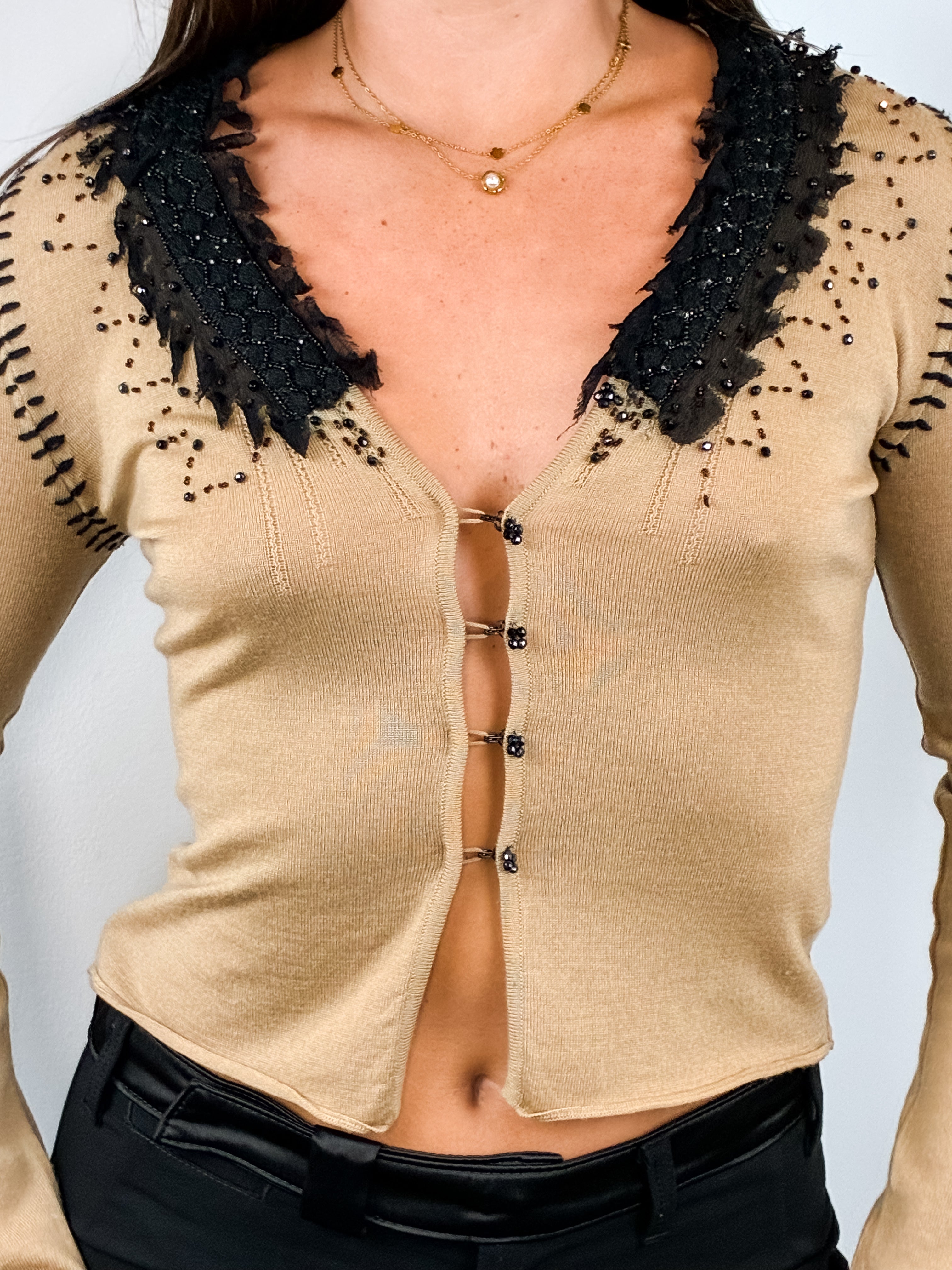 Class Roberto Cavalli 2000s Tan Wool Black Lace Collar Cardigan - XS/S