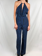 Diane von Furstenberg 2010s Blue Moiré Silk Halter Jumpsuit - S