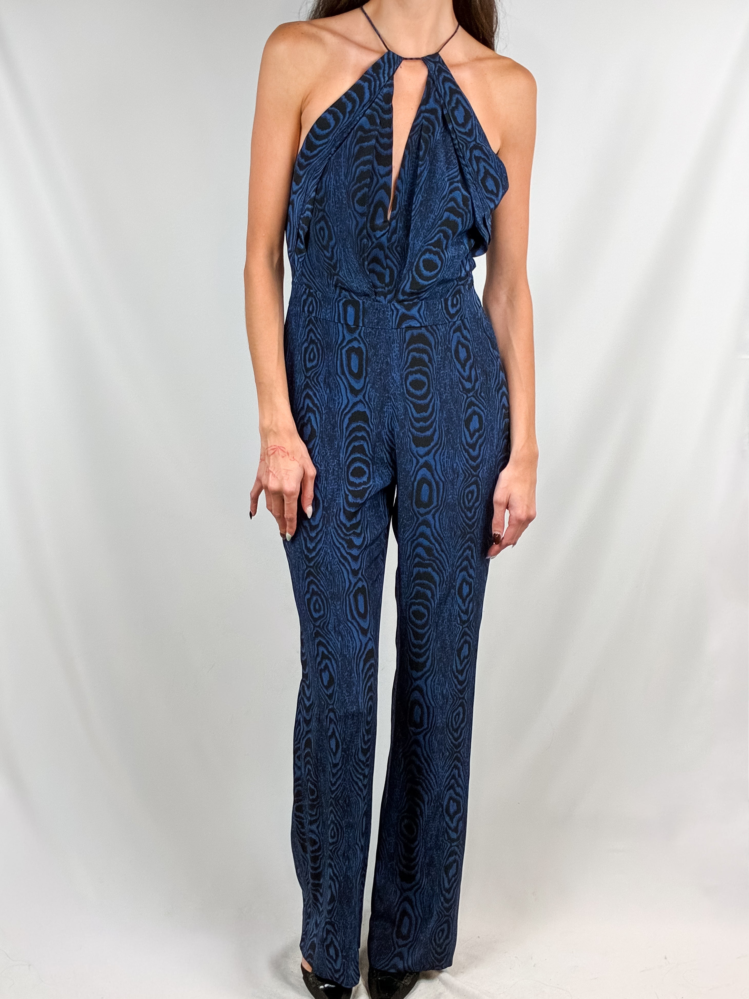 Diane von Furstenberg 2010s Blue Moiré Silk Halter Jumpsuit - S