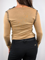 Class Roberto Cavalli 2000s Tan Wool Black Lace Collar Cardigan - XS/S