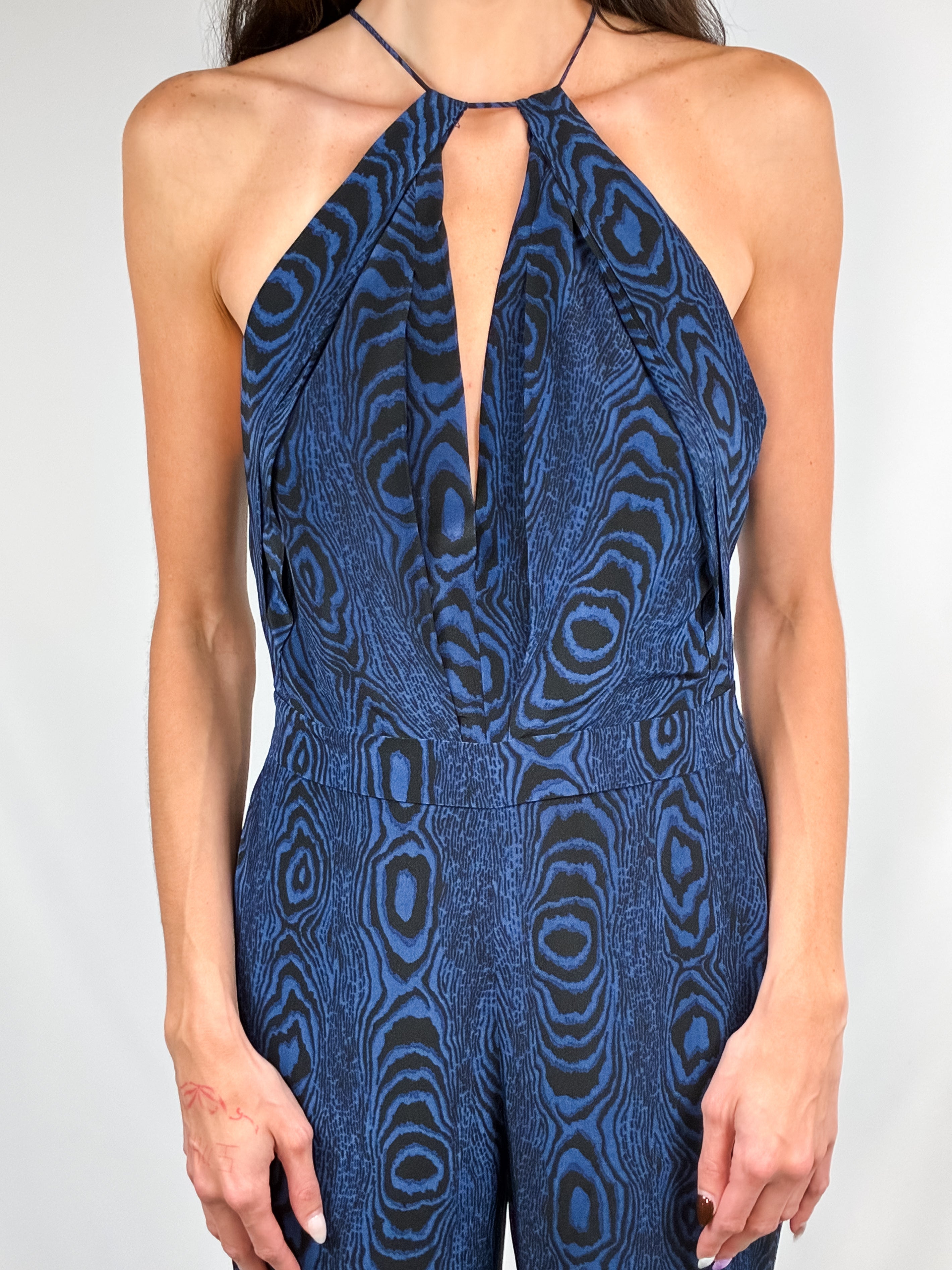 Diane von Furstenberg 2010s Blue Moiré Silk Halter Jumpsuit - S
