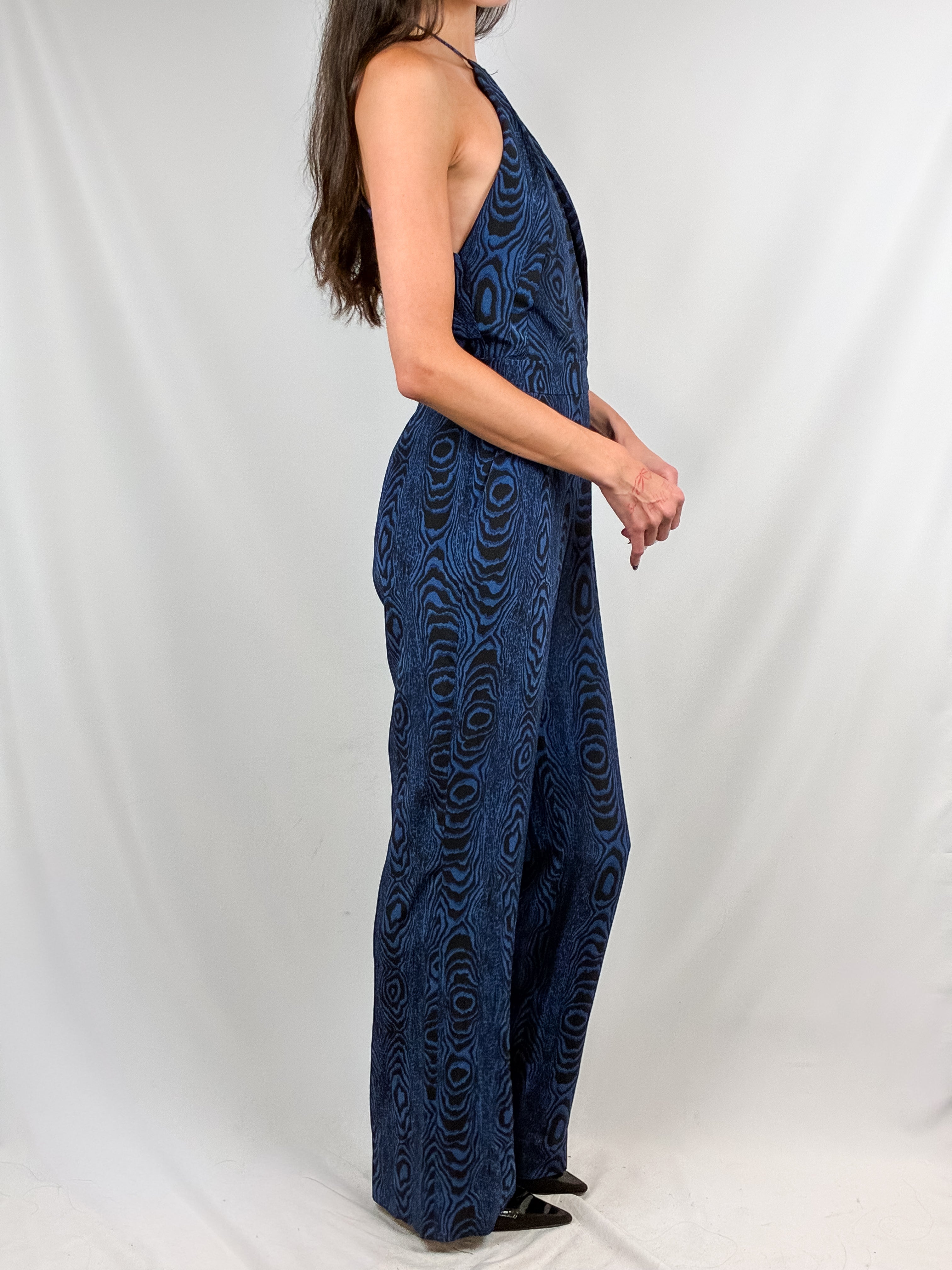 Diane von Furstenberg 2010s Blue Moiré Silk Halter Jumpsuit - S