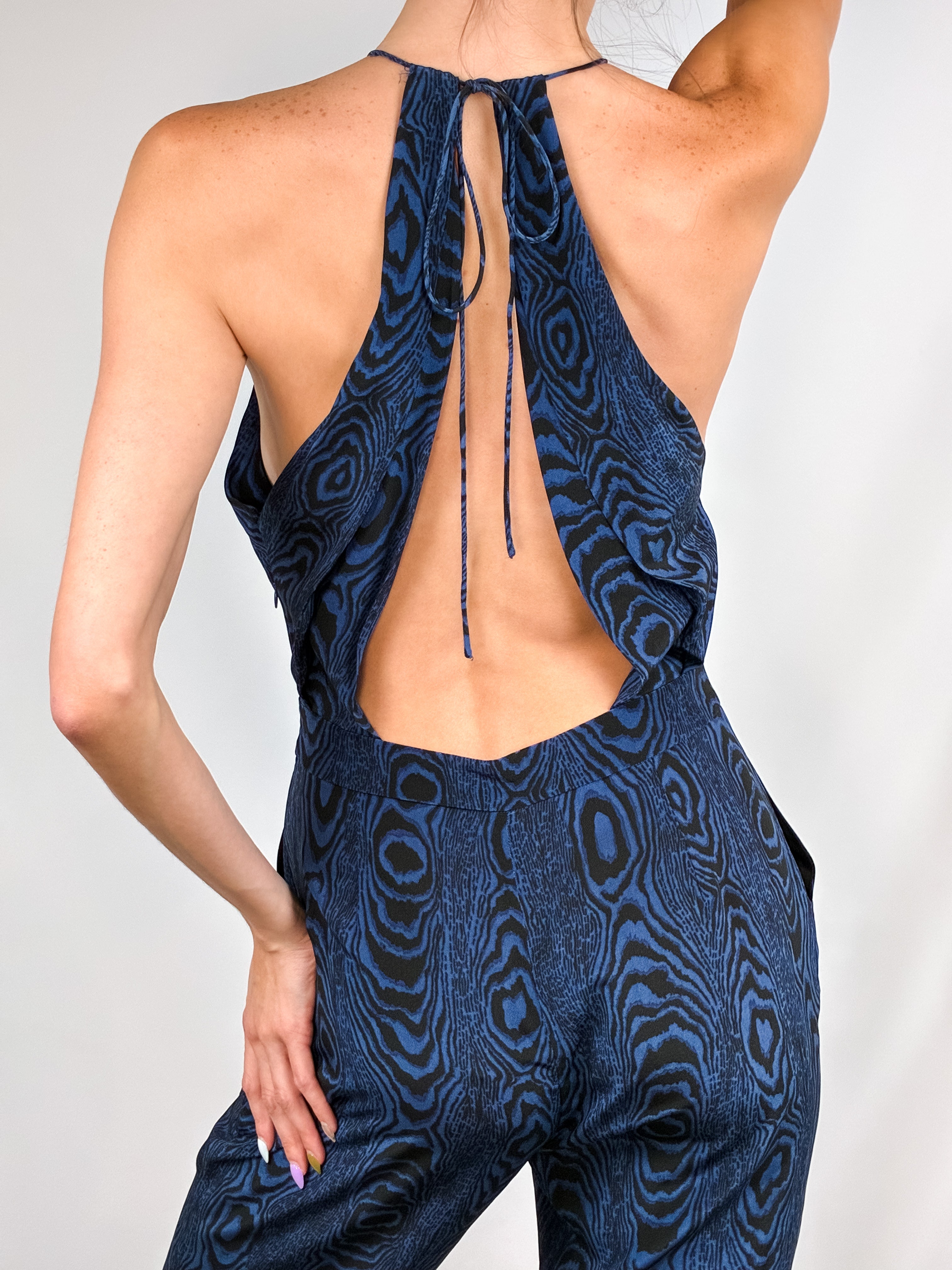 Diane von Furstenberg 2010s Blue Moiré Silk Halter Jumpsuit - S