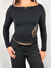 Gianfranco Ferré Studio 2000s Black Beaded Floral Appliqué Cutout Top - S/M