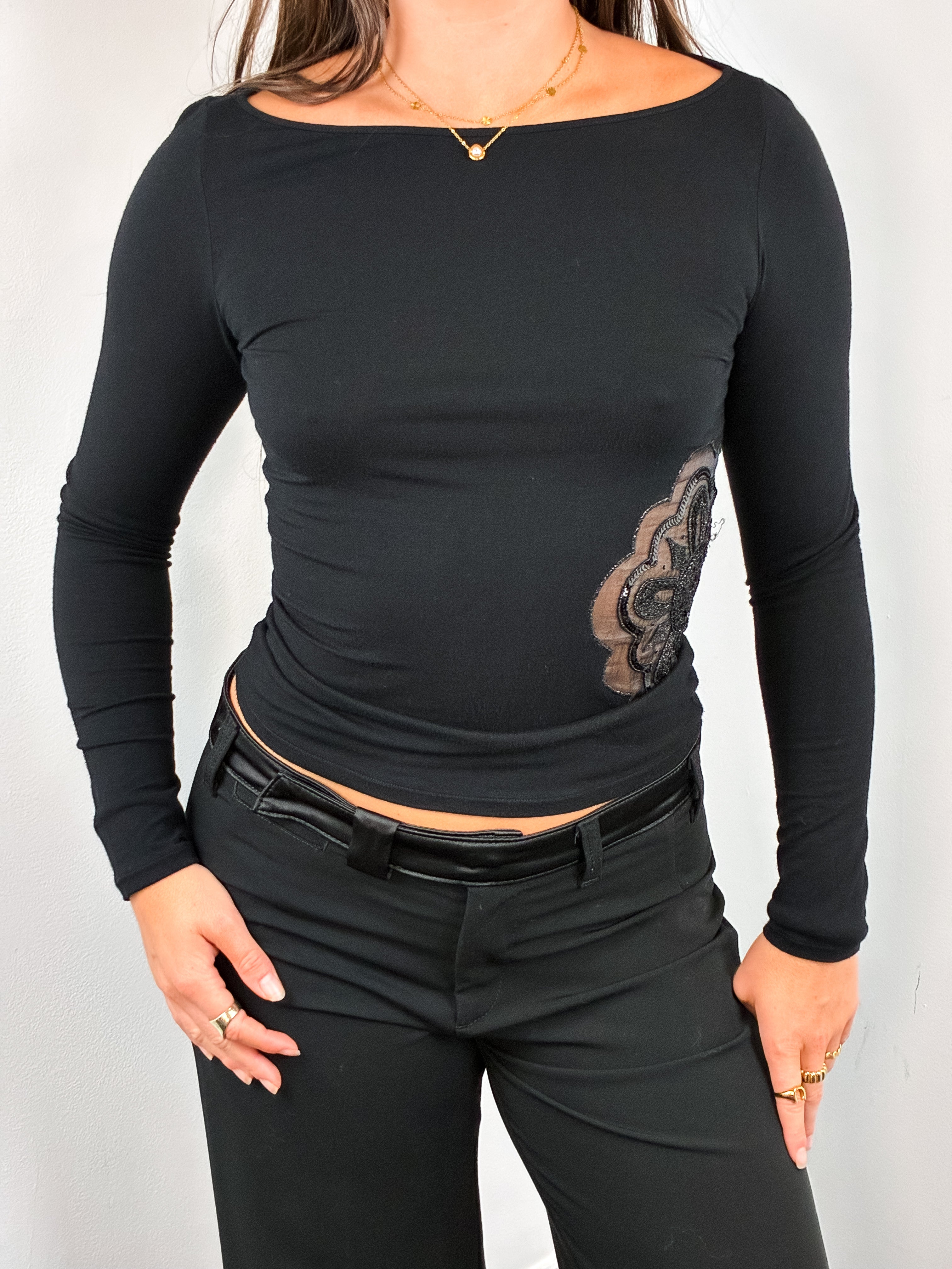 Gianfranco Ferré Studio 2000s Black Beaded Floral Appliqué Cutout Top - S/M
