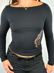 Gianfranco Ferré Studio 2000s Black Beaded Floral Appliqué Cutout Top - S/M