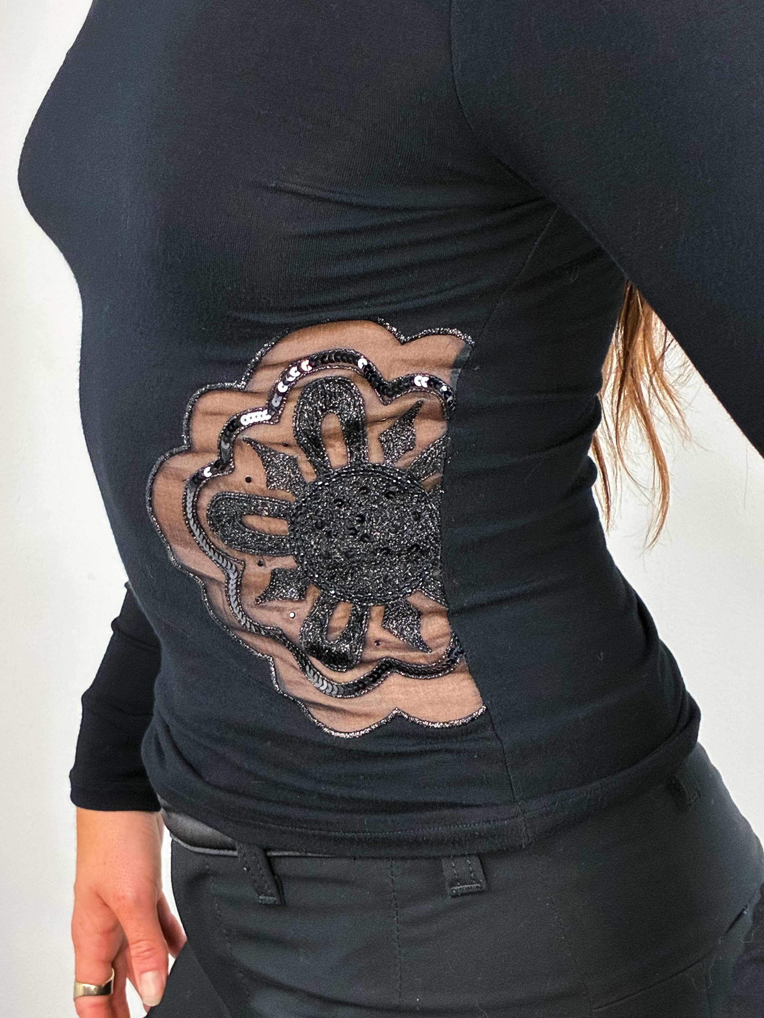 Gianfranco Ferré Studio 2000s Black Beaded Floral Appliqué Cutout Top - S/M