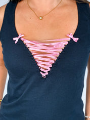 D&G Dolce & Gabbana 2000s Black Lace-Up Pink Ribbon Tank - S/M