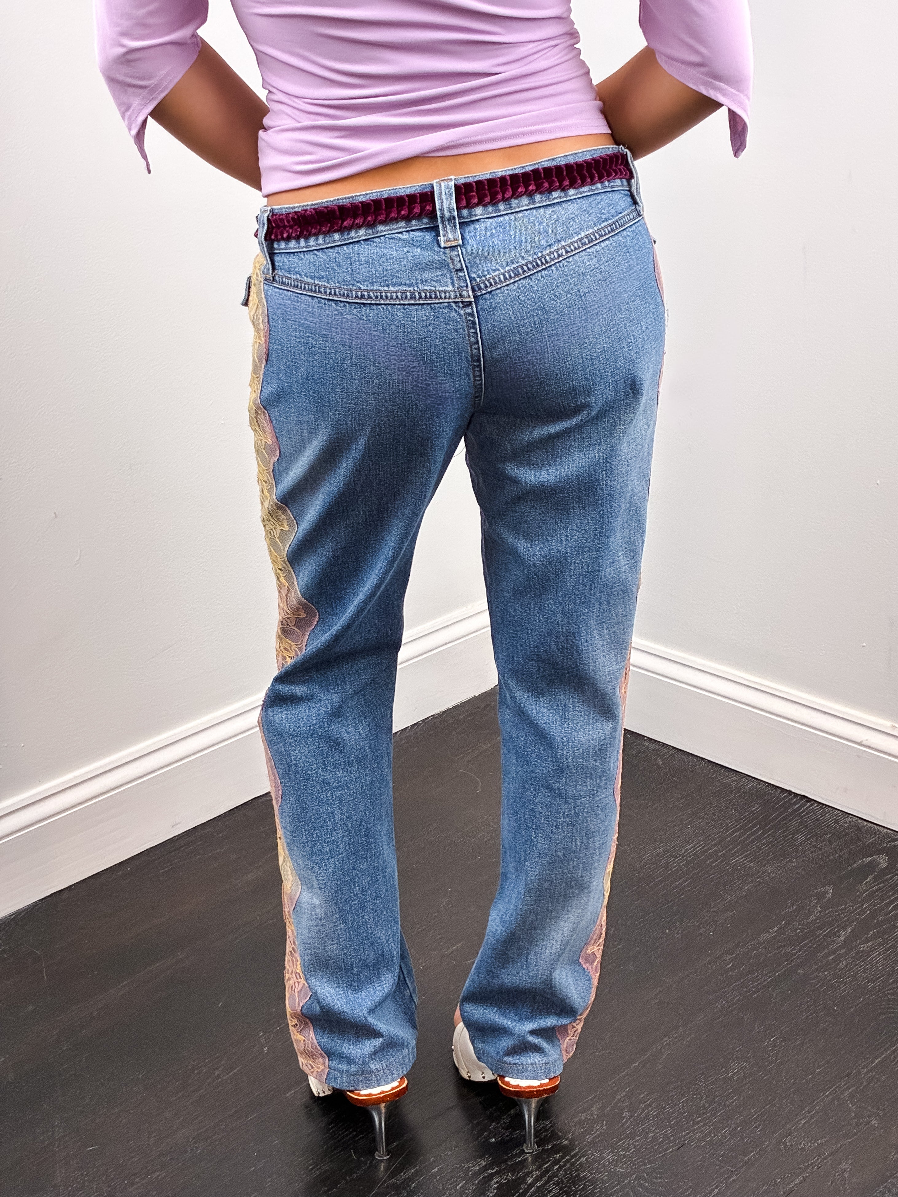 D&G Dolce & Gabbana 2000s Velvet Waistband Ombré Lace Trim Jeans - W28