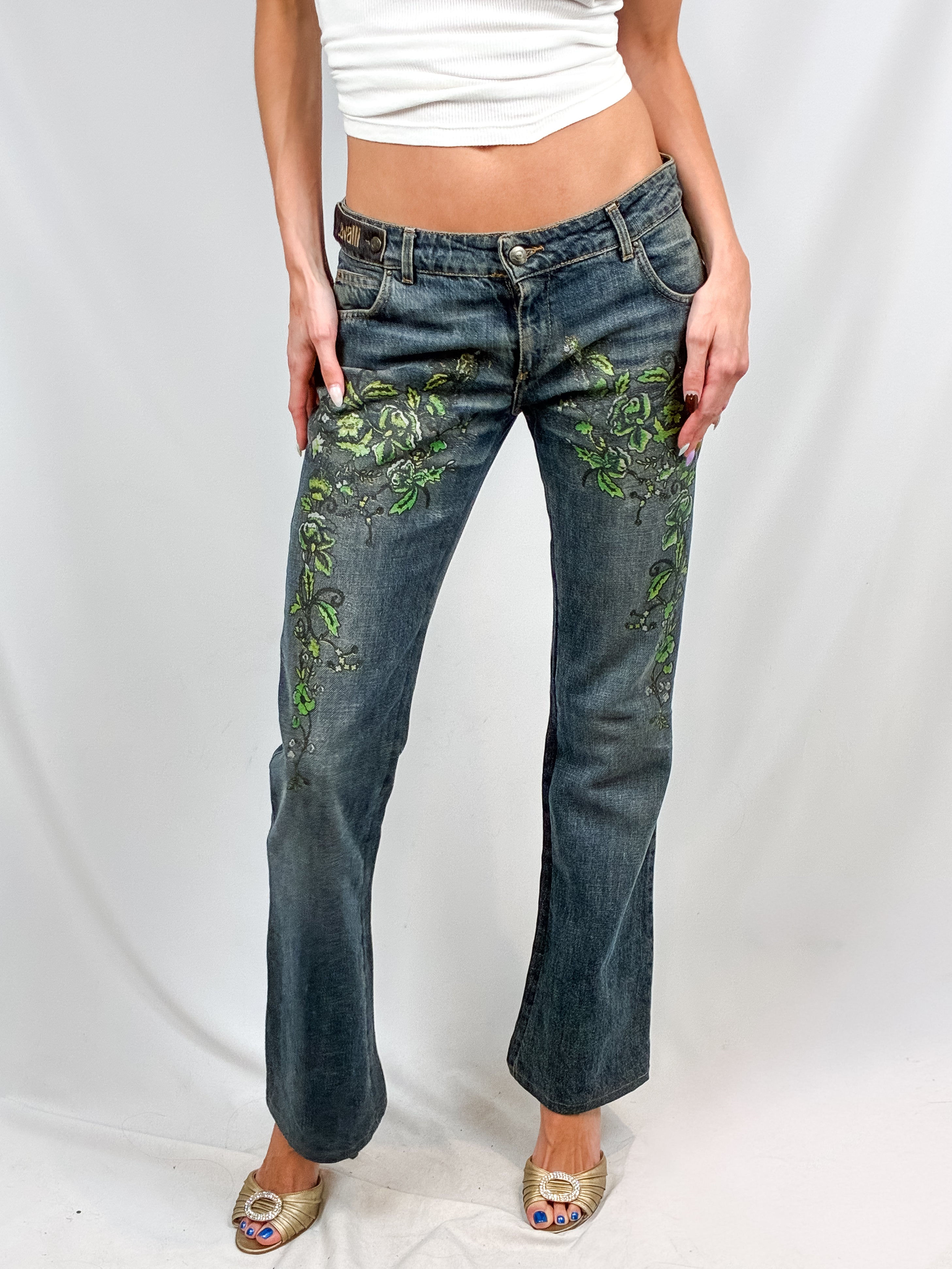 Just Cavalli 2000s Hand-Painted Green Floral Bootcut Jeans - W30