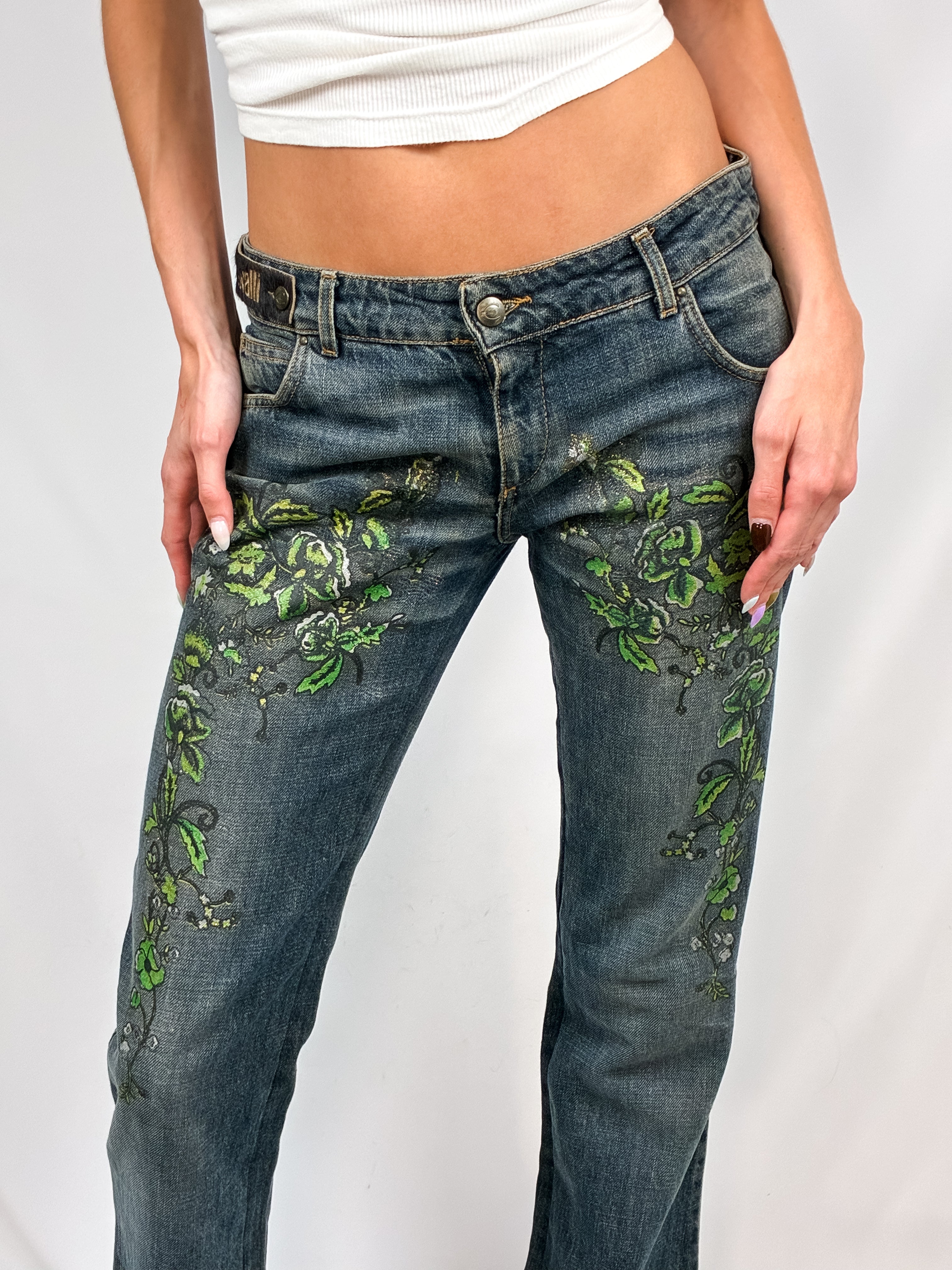 Just Cavalli 2000s Hand-Painted Green Floral Bootcut Jeans - W30