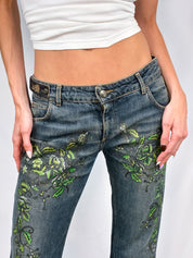 Just Cavalli 2000s Hand-Painted Green Floral Bootcut Jeans - W30