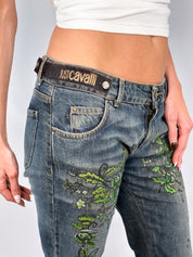 Just Cavalli 2000s Hand-Painted Green Floral Bootcut Jeans - W30