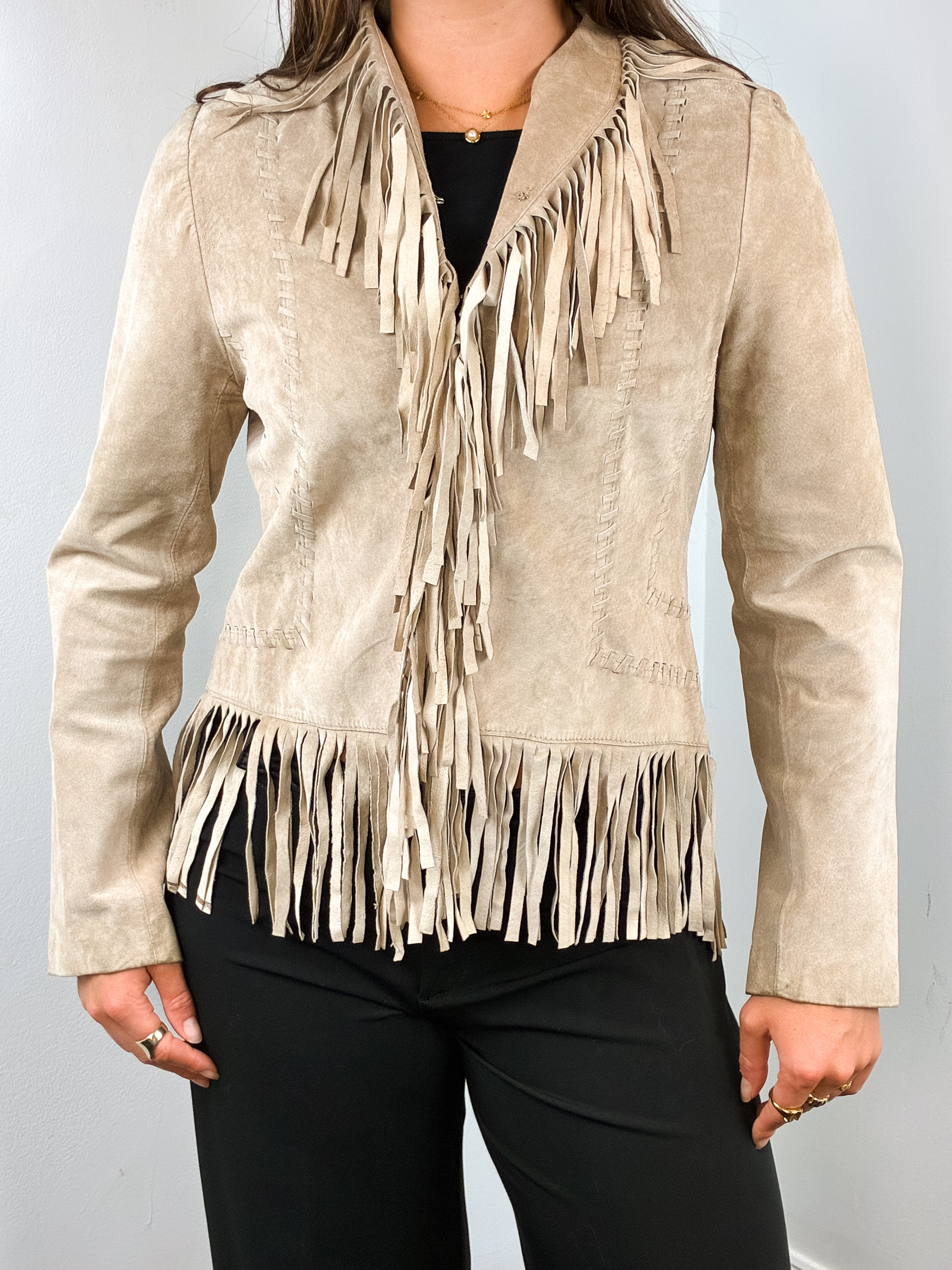 2000s Tan Suede Whipstitch Fringe Jacket - S/M