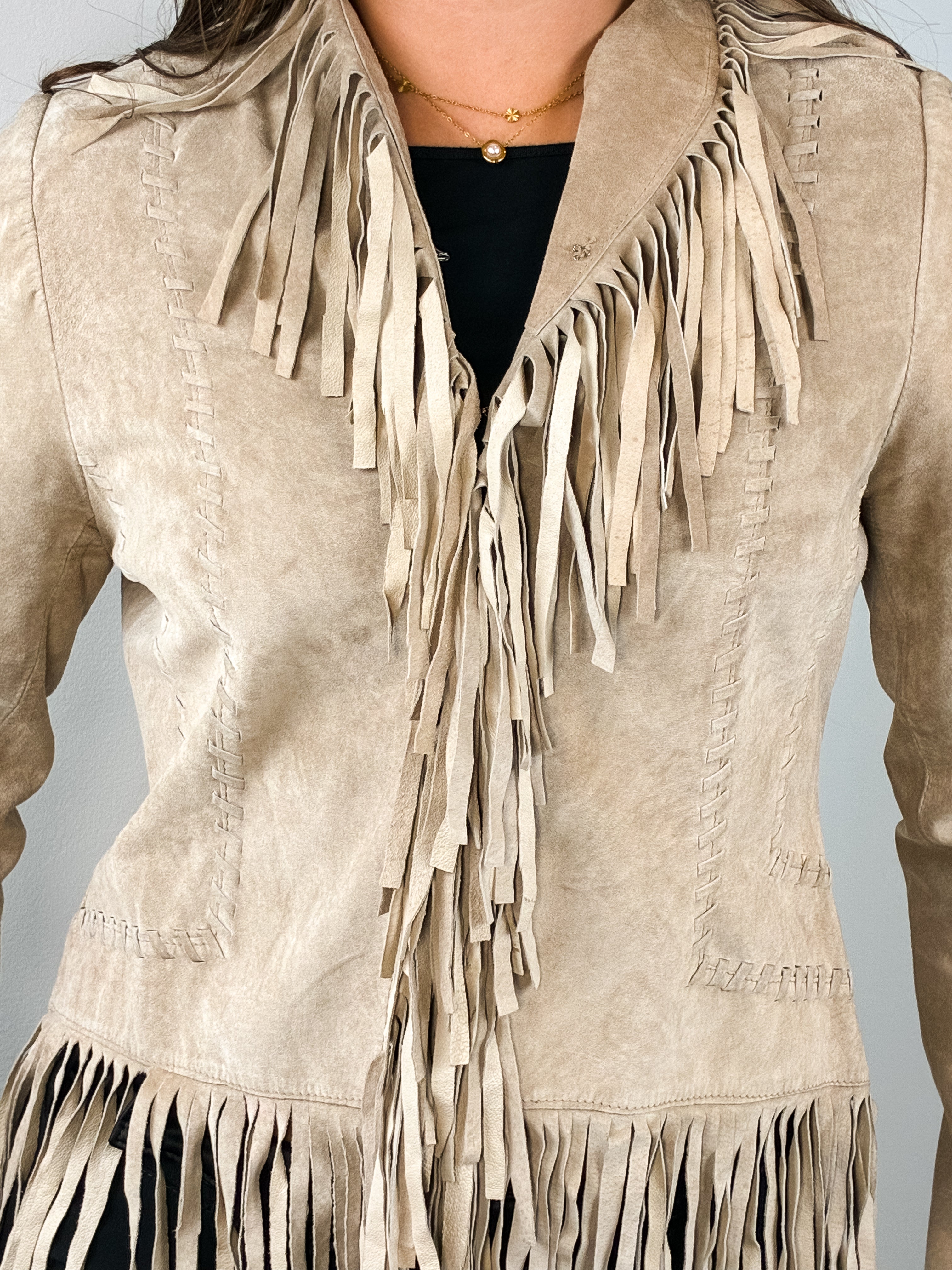 2000s Tan Suede Whipstitch Fringe Jacket - S/M