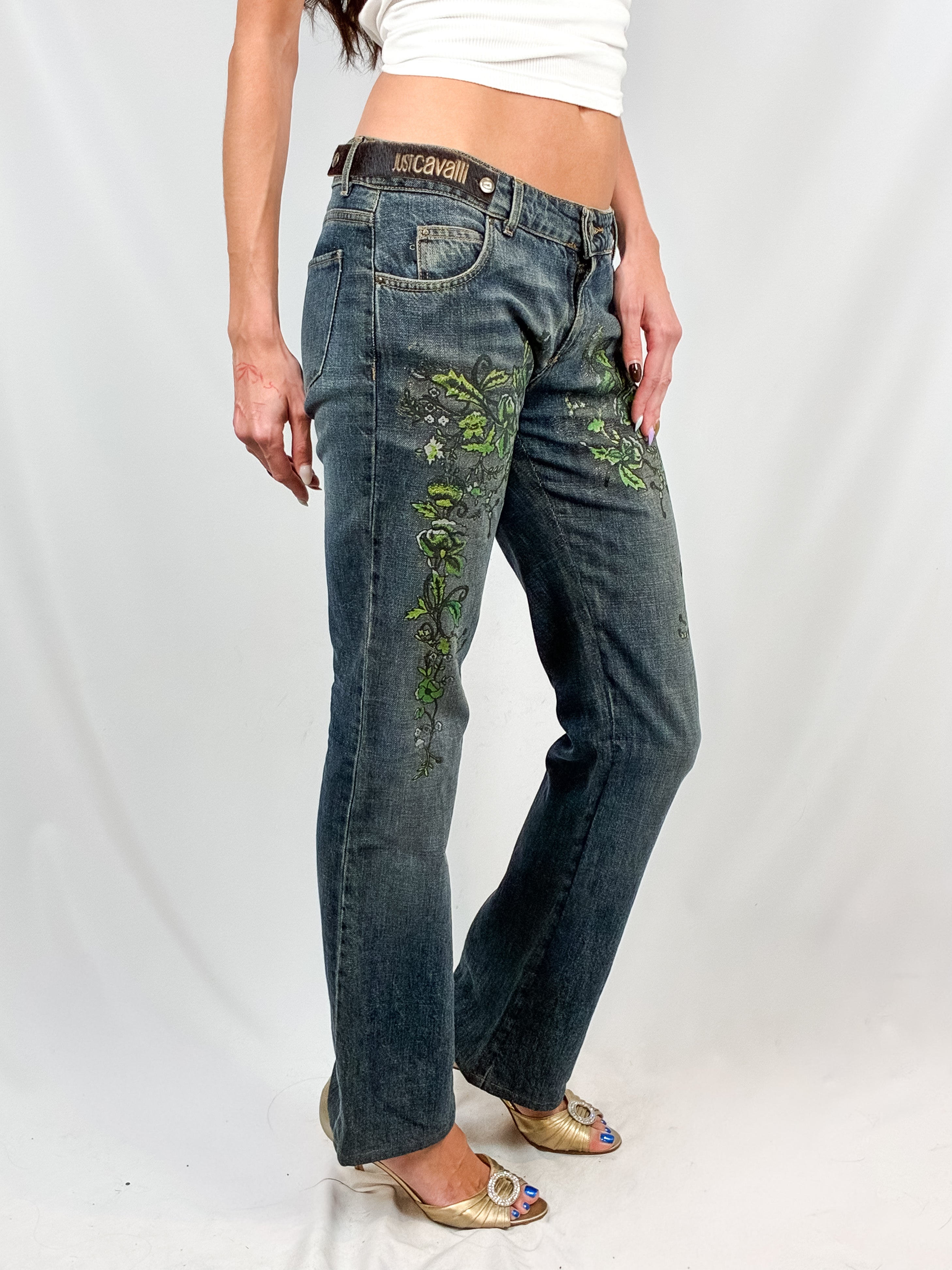 Just Cavalli 2000s Hand-Painted Green Floral Bootcut Jeans - W30