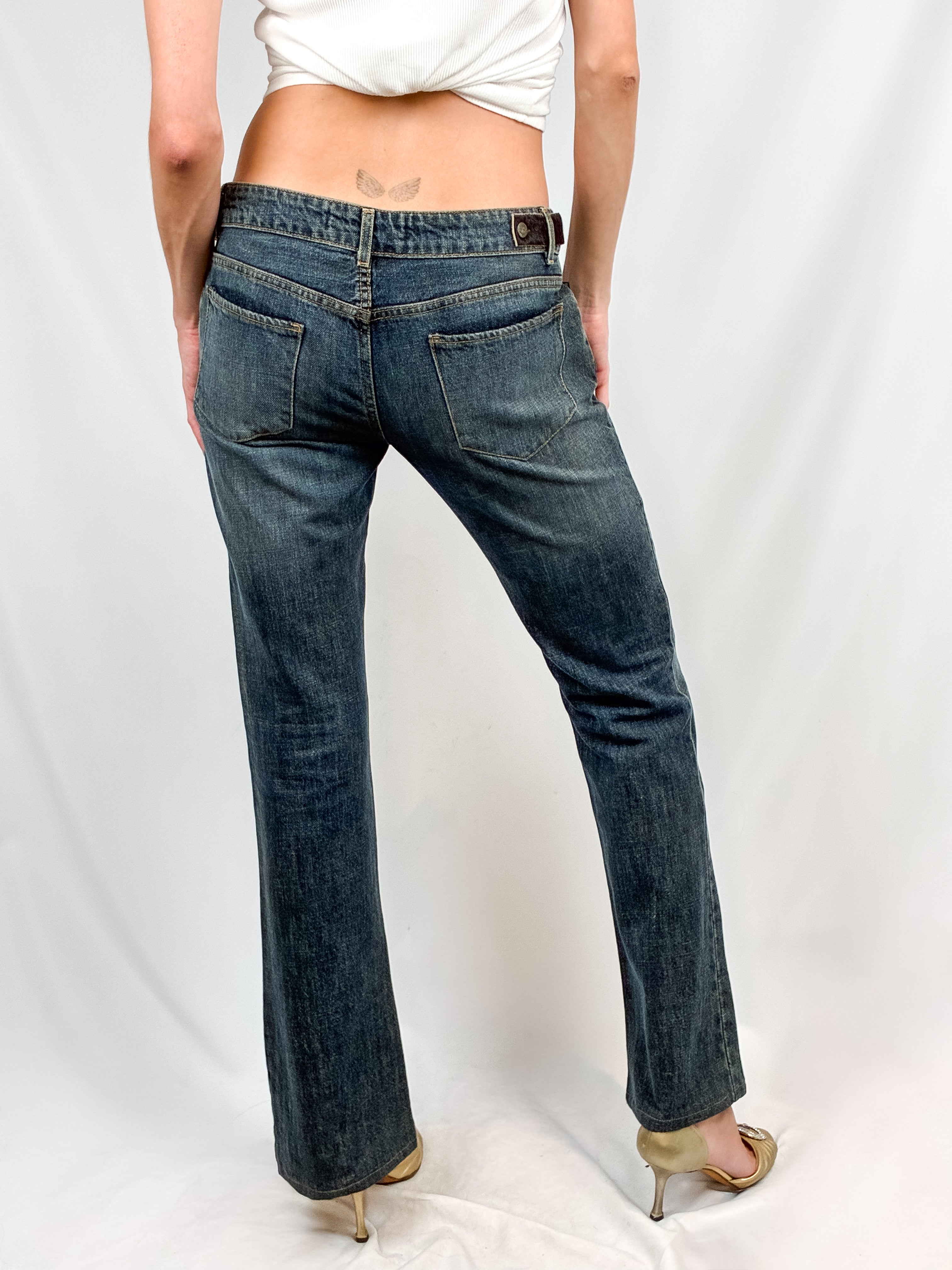 Just Cavalli 2000s Hand-Painted Green Floral Bootcut Jeans - W30