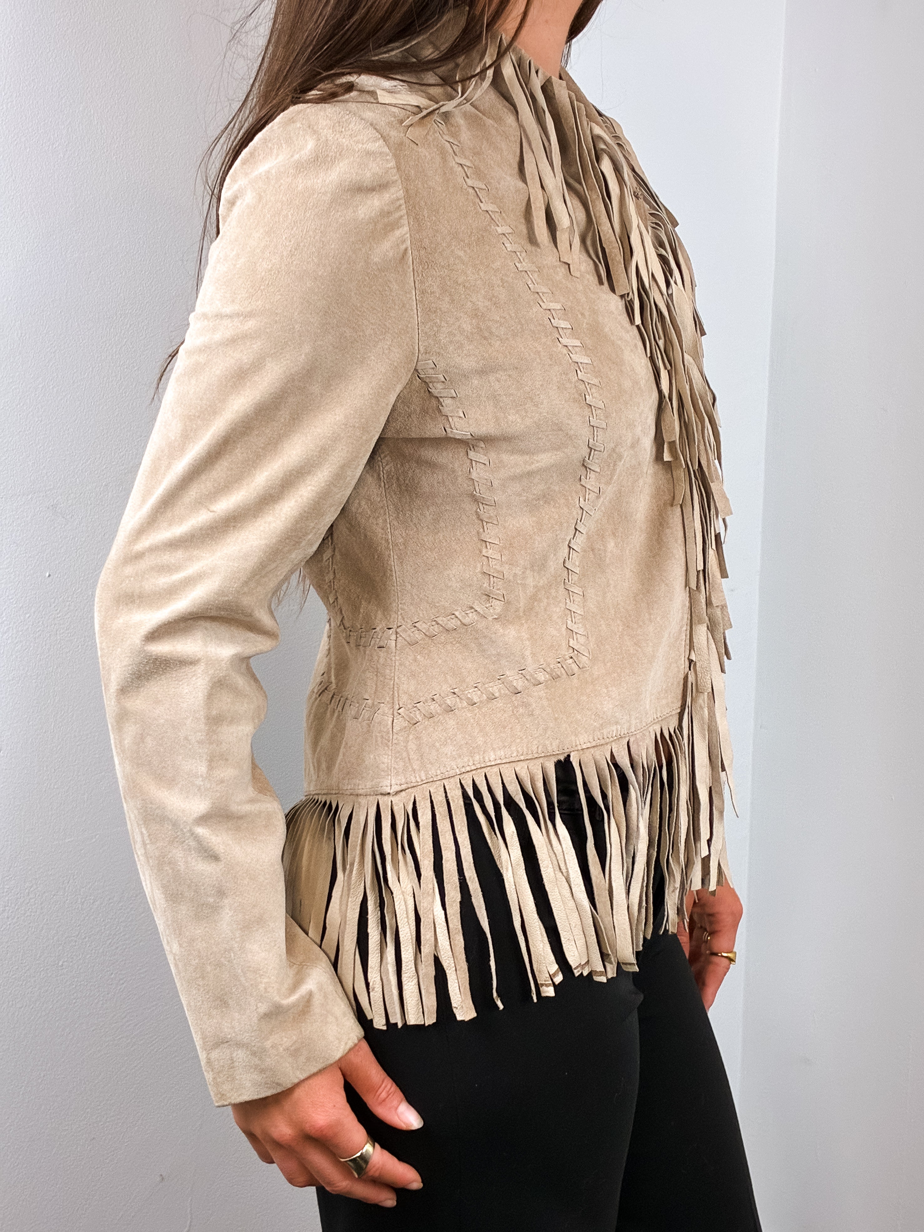 2000s Tan Suede Whipstitch Fringe Jacket - S/M
