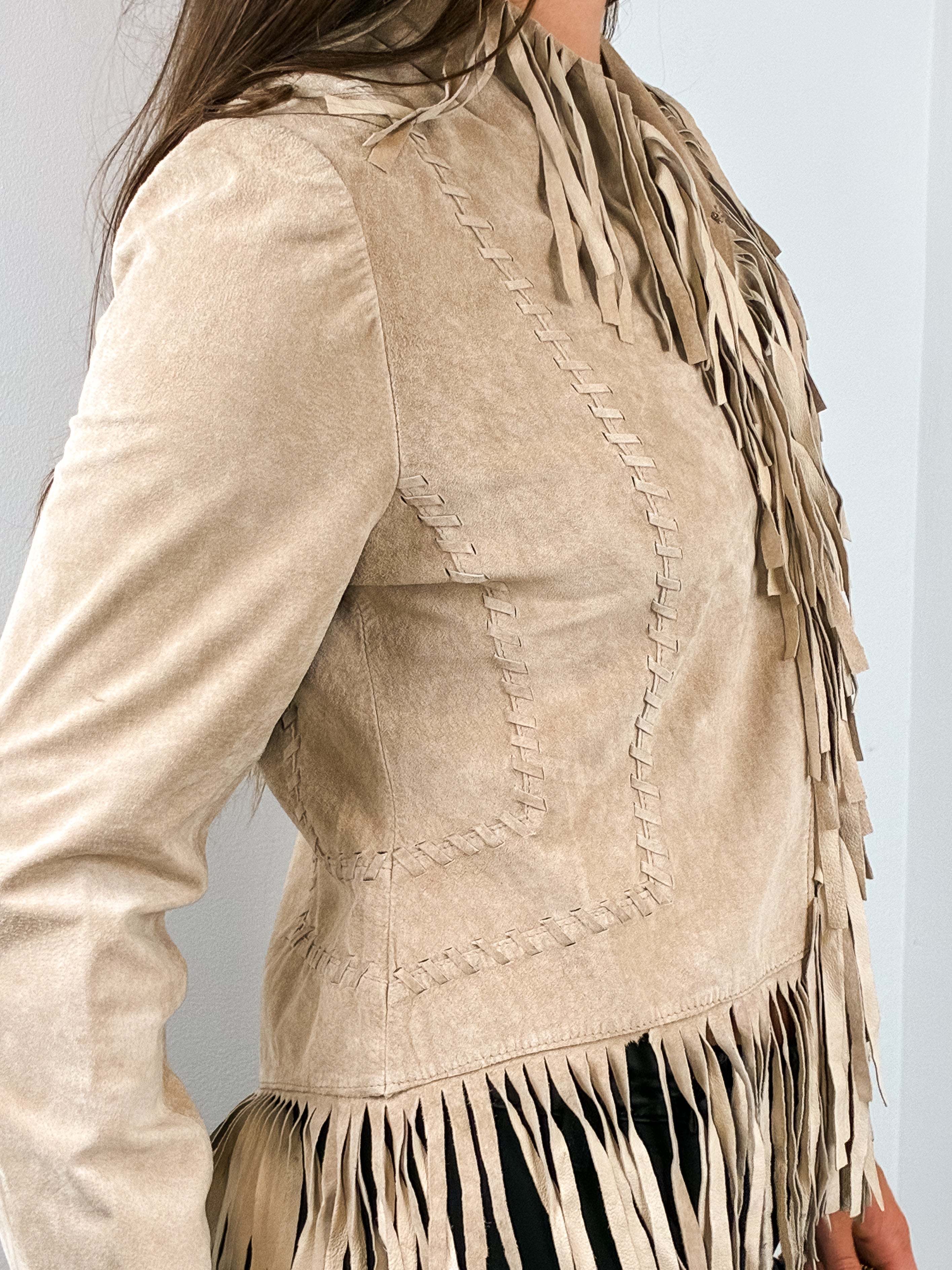 2000s Tan Suede Whipstitch Fringe Jacket - S/M