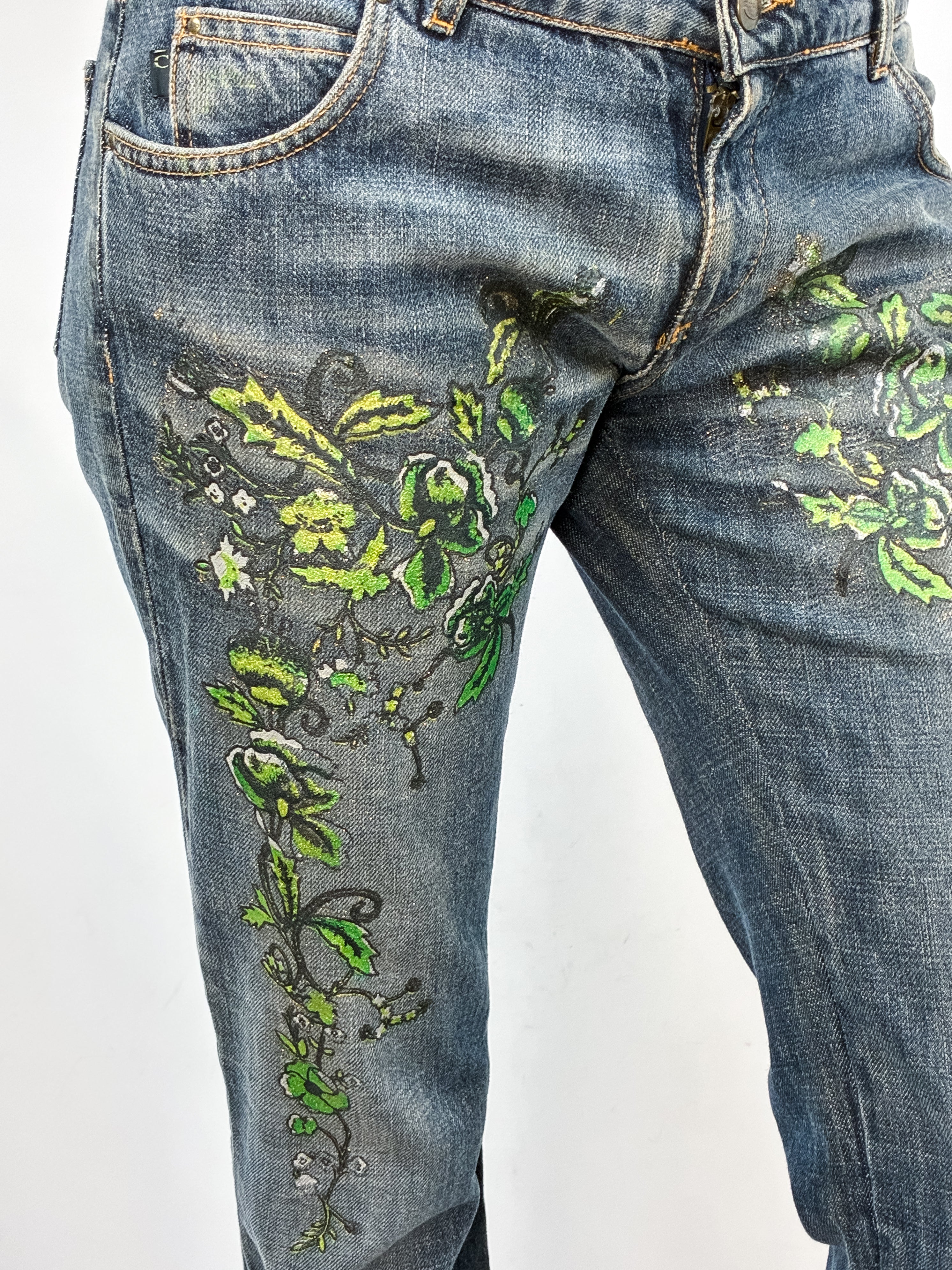 Just Cavalli 2000s Hand-Painted Green Floral Bootcut Jeans - W30