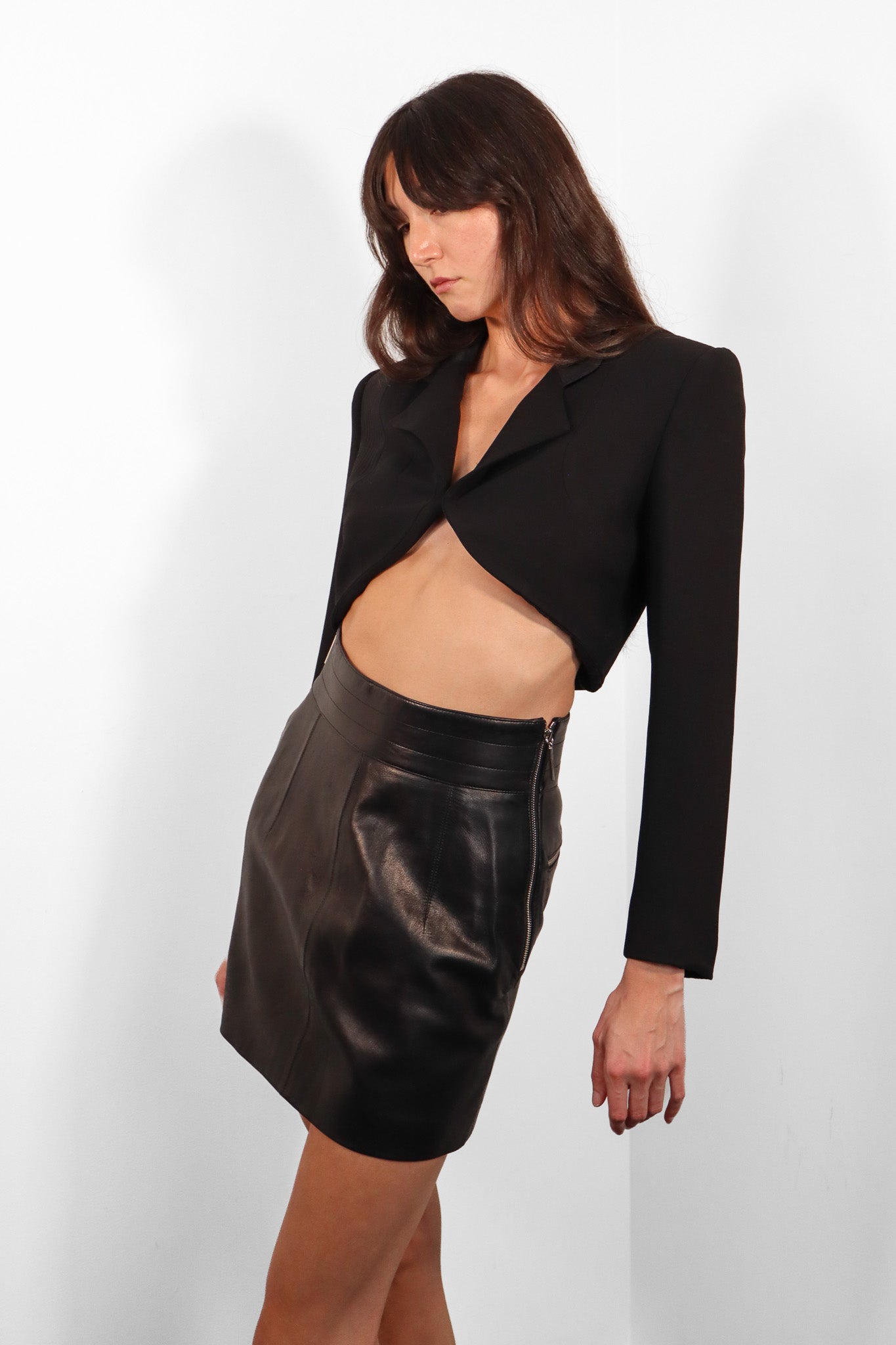 Claude Montana 1980s Black Lambskin Leather Zip Pocket Mini Skirt - S