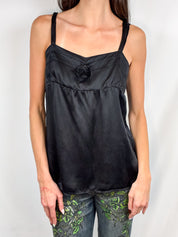 2000s Black Silk Rosette Babydoll Cami - S/M