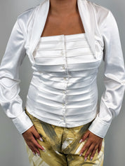 Naracamicie 2000s White Satin Pleated Shawl Collar Shirt - M