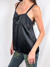 2000s Black Silk Rosette Babydoll Cami - S/M