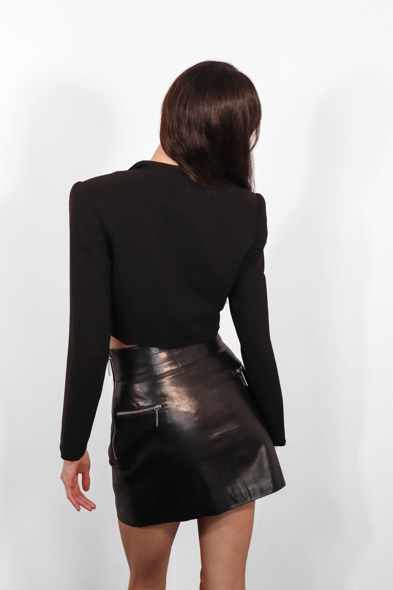 Claude Montana 1980s Black Lambskin Leather Zip Pocket Mini Skirt - S