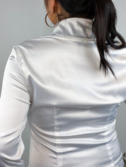 Naracamicie 2000s White Satin Pleated Shawl Collar Shirt - M