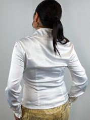 Naracamicie 2000s White Satin Pleated Shawl Collar Shirt - M