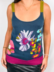 Kenzo 2000s Teal Floral Intarsia Knit Tank - S/M
