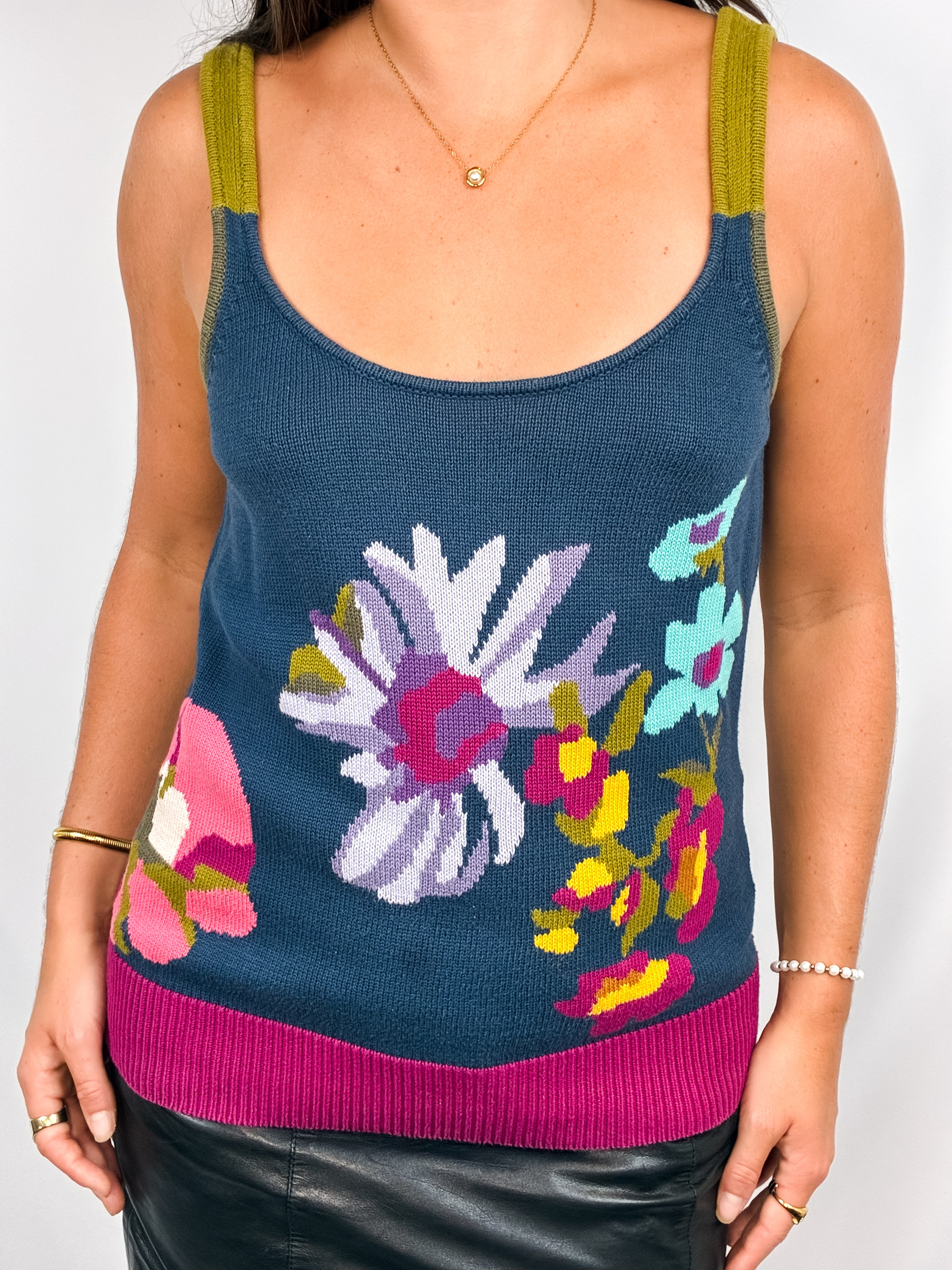 Kenzo 2000s Teal Floral Intarsia Knit Tank - S/M