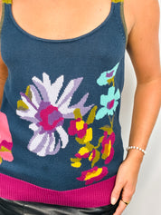 Kenzo 2000s Teal Floral Intarsia Knit Tank - S/M