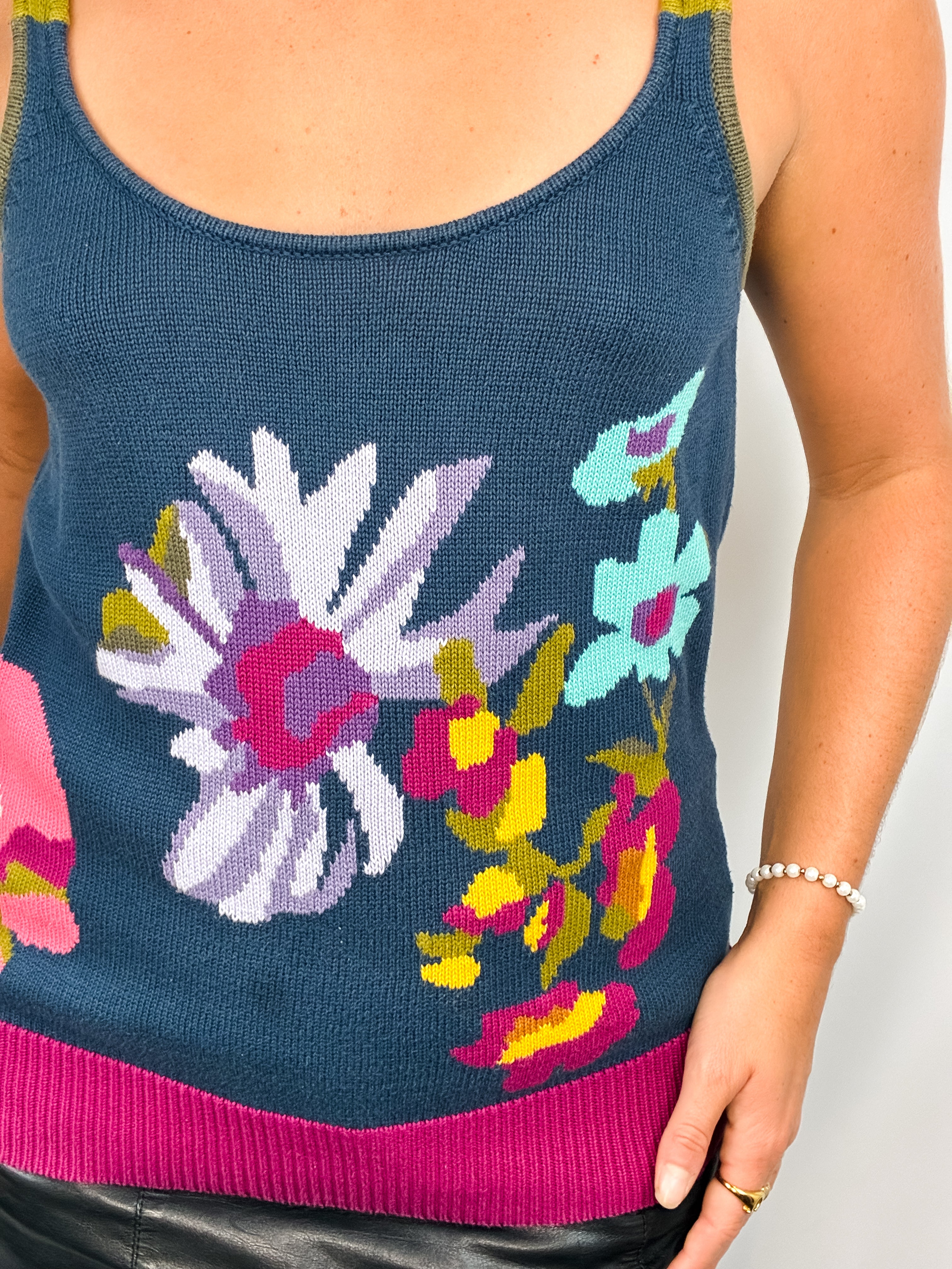 Kenzo 2000s Teal Floral Intarsia Knit Tank - S/M