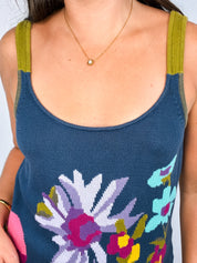 Kenzo 2000s Teal Floral Intarsia Knit Tank - S/M